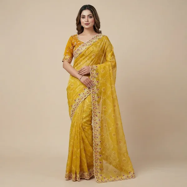 Yellow_Embroidered_Saree_With_Blouse_Set