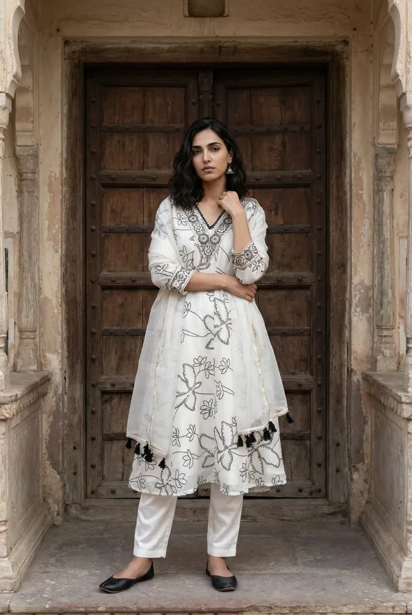 White_Embroidered_Kurta_Set_With_Dupatta_-_Floral_Thread_Work_Ethnic_Wear