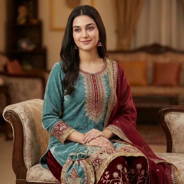 Designer_Embroidered_Pakistani_Salwar_Suit_With_Dupatta_-_Grey_And_Maroon