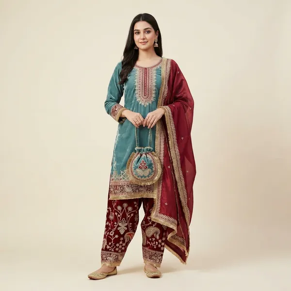 Designer_Embroidered_Pakistani_Salwar_Suit_With_Dupatta_-_Grey_And_Maroon