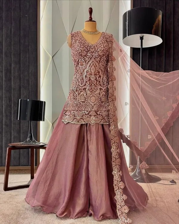 Embellished_Sequin_Short_Kurti_With_Palazzo_Set_-_Brown