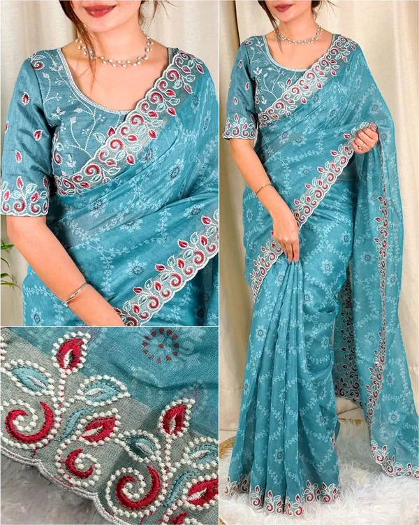 Turquoise_Floral_Print_Saree_With_Embroidered_Border_And_Unstitched_Blouse