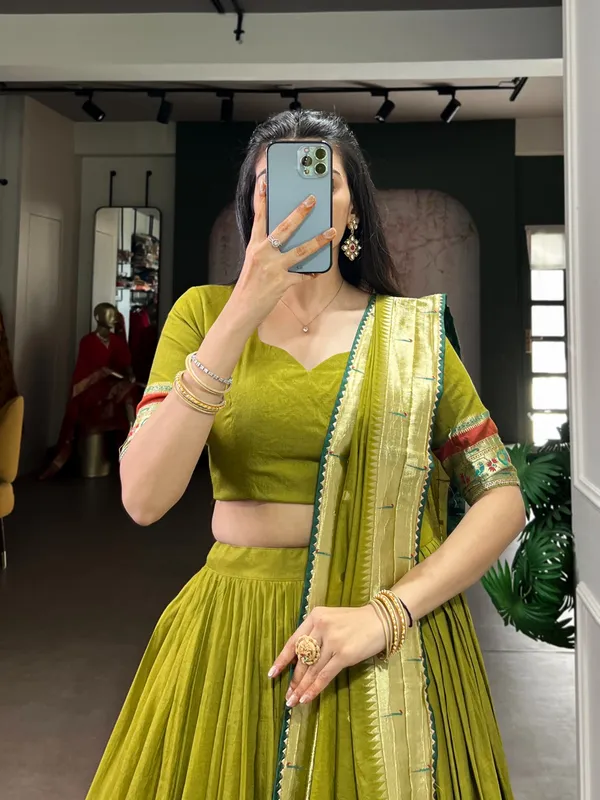 Women_Olive_Green_Lehenga_Choli_Set_With_Embroidered_Border_And_Dupatta