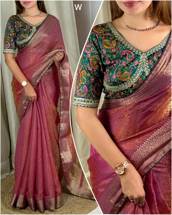 Pink_Silk_Saree_With_Golden_Border_And_Embroidered_Unstitched_Blouse