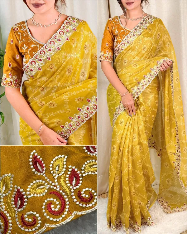 Yellow_Embroidered_Saree_With_Blouse_Set