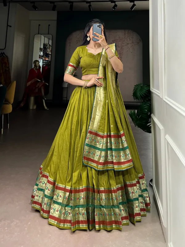 Women_Olive_Green_Lehenga_Choli_Set_With_Embroidered_Border_And_Dupatta