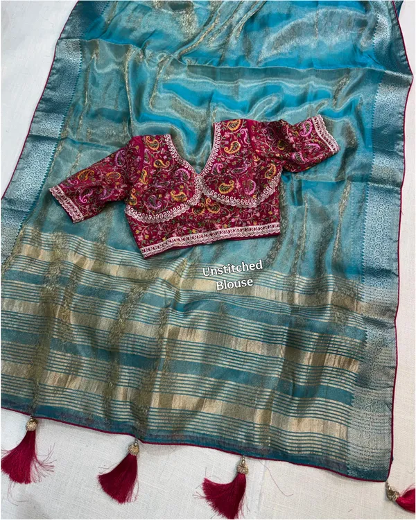 Turquoise_Silk_Blend_Saree_With_Embroidered_Wine_Blouse_Piece