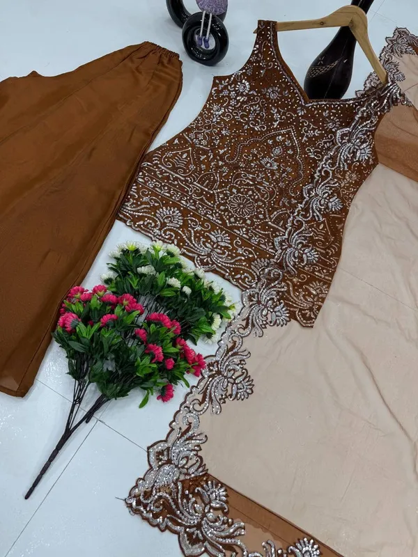 Embellished_Sequin_Short_Kurti_With_Palazzo_Set_-_Brown