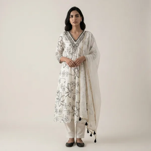White_Embroidered_Kurta_Set_With_Dupatta_-_Floral_Thread_Work_Ethnic_Wear
