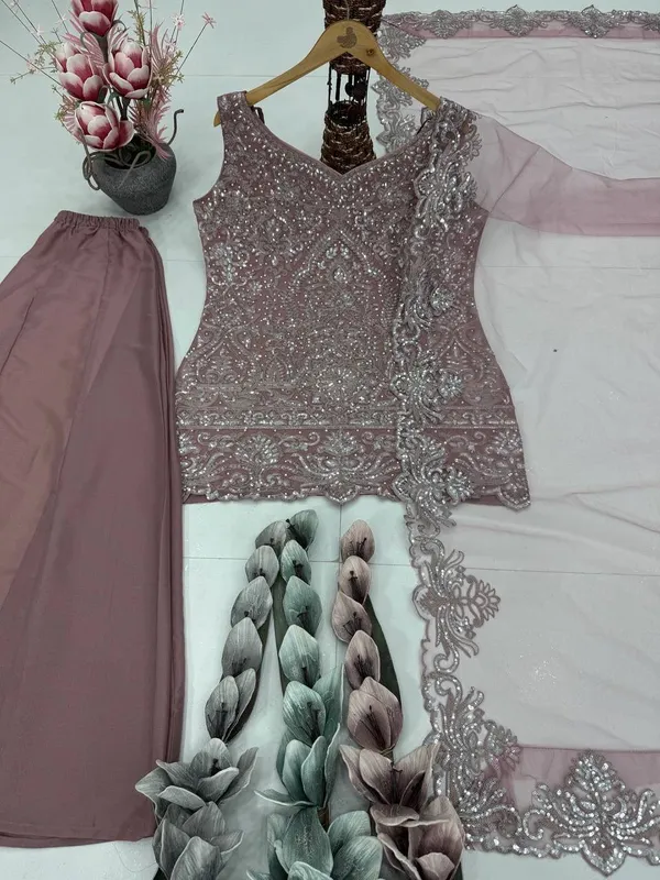 Embellished_Sequin_Short_Kurti_With_Palazzo_Set_-_Brown