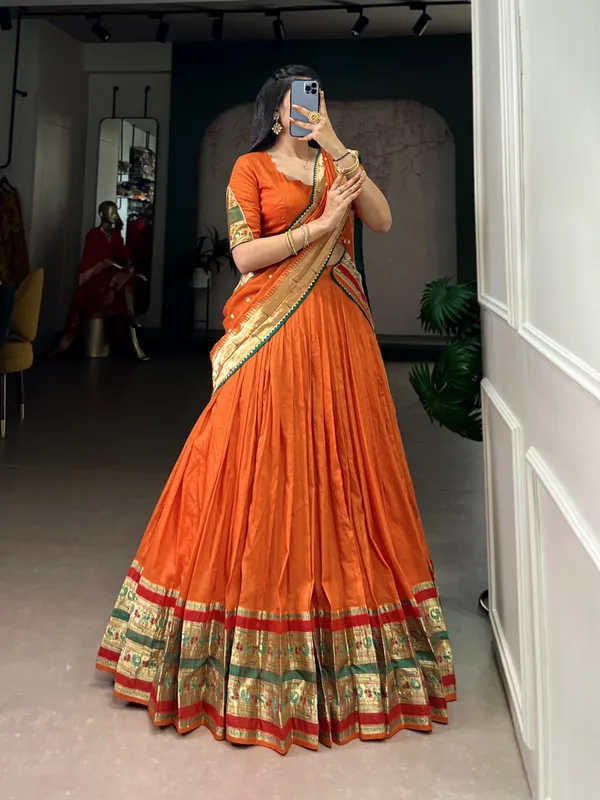 Orange_Silk_Lehenga_Choli_With_Gold_Border_And_Embroidered_Dupatta