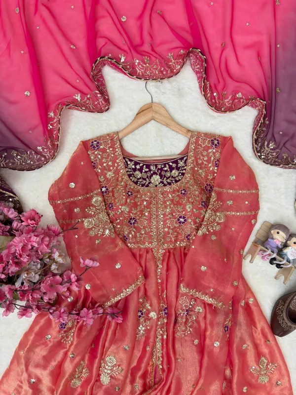 Peach_And_Magenta_Embroidered_Anarkali_Suit_Set_With_Dupatta