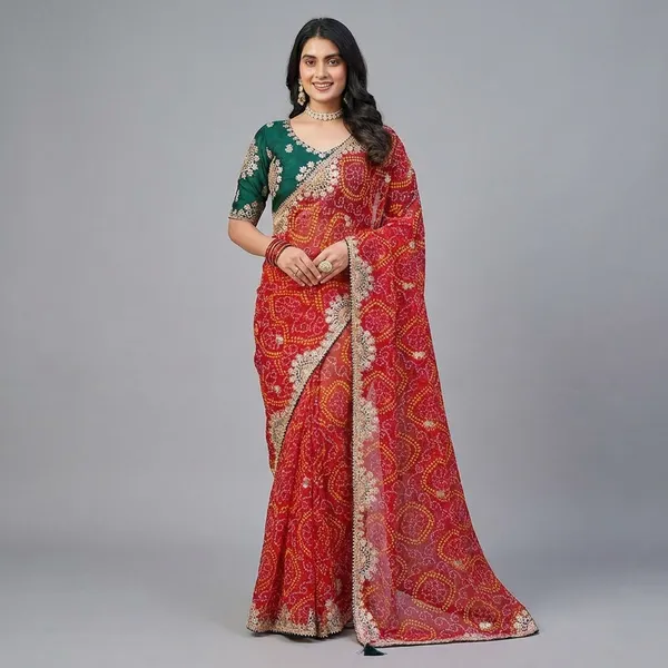 Traditional_Red_Bandhani_Saree_With_Embellished_Border_And_Green_Blouse