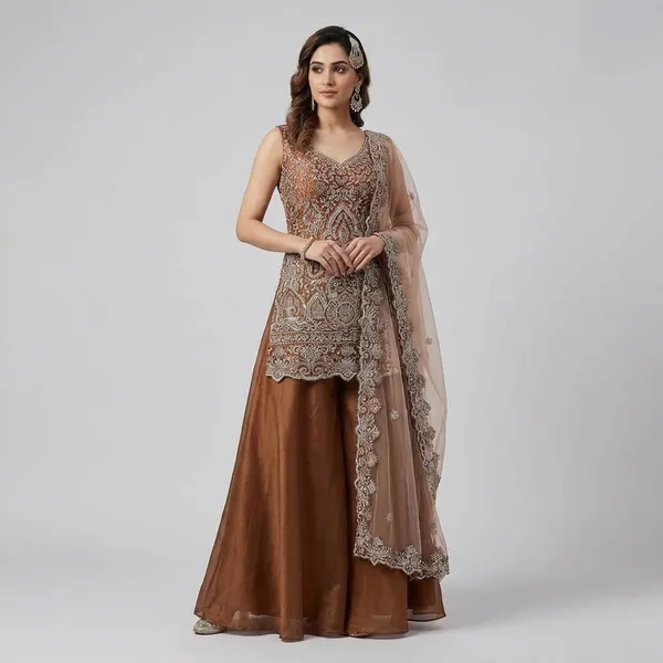 Embellished_Sequin_Short_Kurti_With_Palazzo_Set_-_Brown