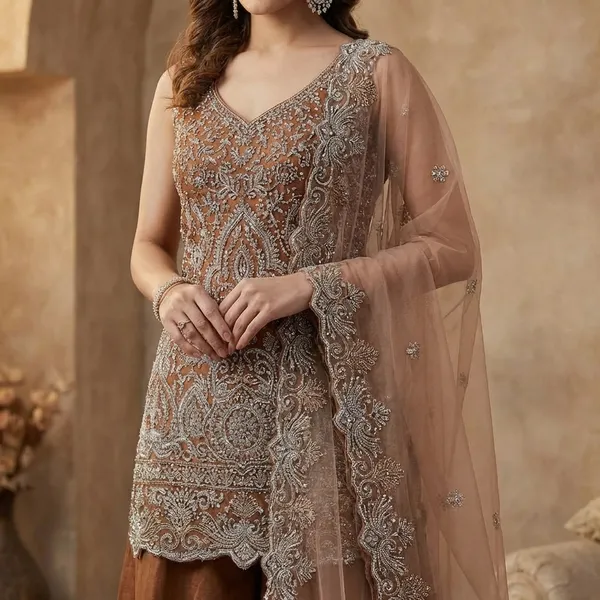 Embellished_Sequin_Short_Kurti_With_Palazzo_Set_-_Brown