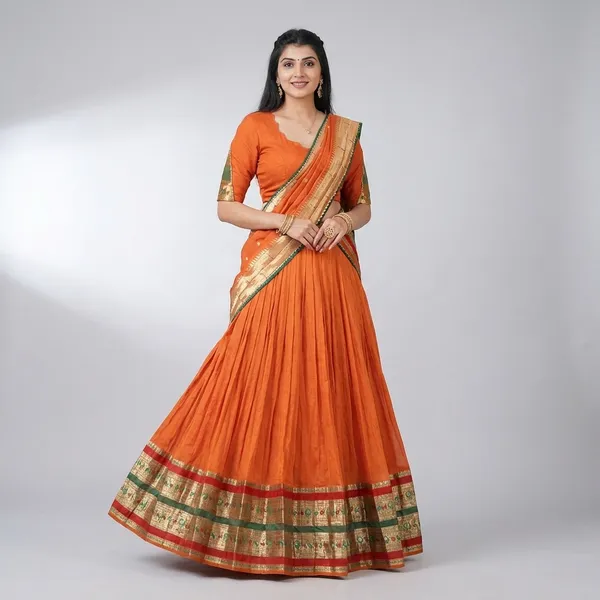 Orange_Silk_Lehenga_Choli_With_Gold_Border_And_Embroidered_Dupatta