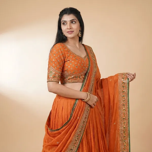Orange_Silk_Lehenga_Choli_With_Gold_Border_And_Embroidered_Dupatta