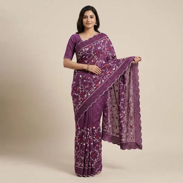 Purple_Embroidered_Saree_With_Unstitched_Blouse
