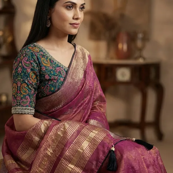 Pink_Silk_Saree_With_Golden_Border_And_Embroidered_Unstitched_Blouse