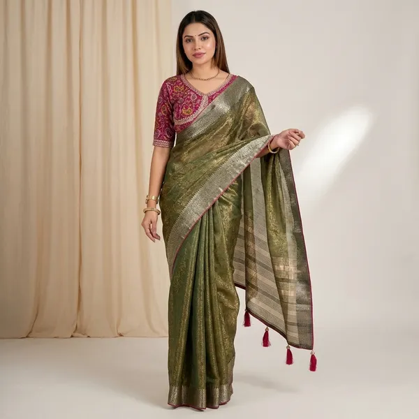Olive_Green_Banarasi_Silk_Saree_With_Zari_Border_And_Embroidered_Magenta_Blouse