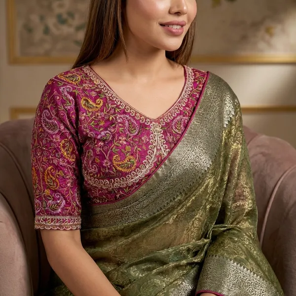 Olive_Green_Banarasi_Silk_Saree_With_Zari_Border_And_Embroidered_Magenta_Blouse
