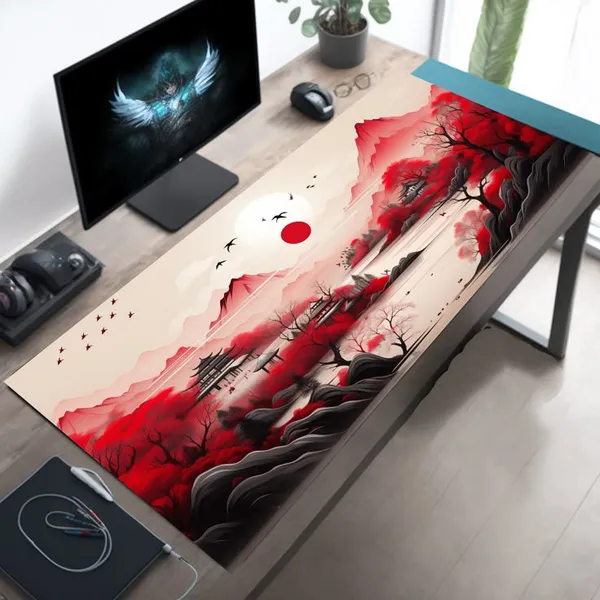Red_Japanese_Watercolor_Landscape_Extended_Gaming_Mouse_Pad_Sunset_Mountain_Design