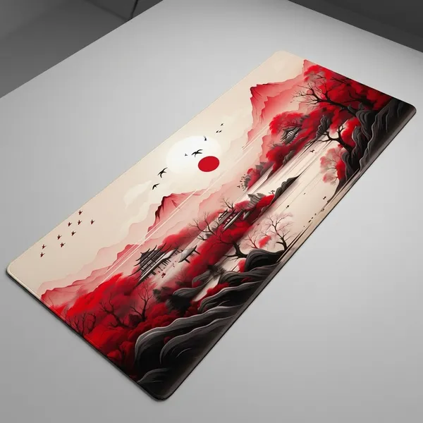 Red_Japanese_Watercolor_Landscape_Extended_Gaming_Mouse_Pad_Sunset_Mountain_Design
