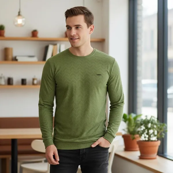 Olive_Green_Imp_Cotton_Jacquard_Full_Sleeve_T-Shirt_For_Men