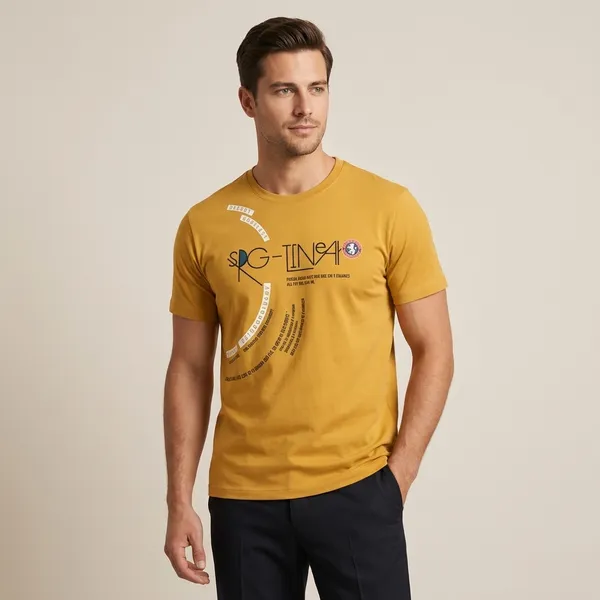 Mustard_Yellow_Imp_Tencel_Lycra_Graphic_T-Shirt_For_Men