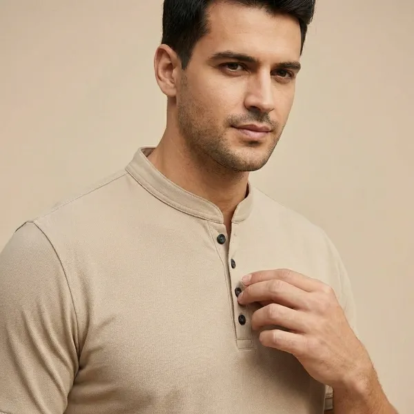 Beige_Imp_Tencel_Lycra_Mandarin_Collar_T-Shirt_For_Men