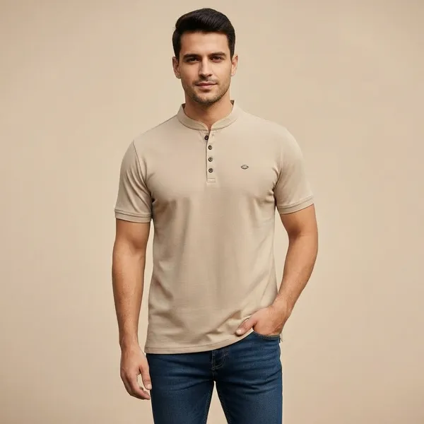 Beige_Imp_Tencel_Lycra_Mandarin_Collar_T-Shirt_For_Men