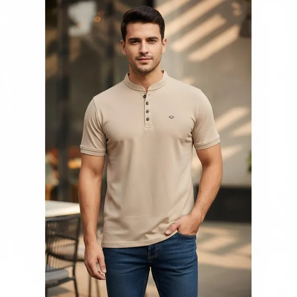 Beige_Imp_Tencel_Lycra_Mandarin_Collar_T-Shirt_For_Men
