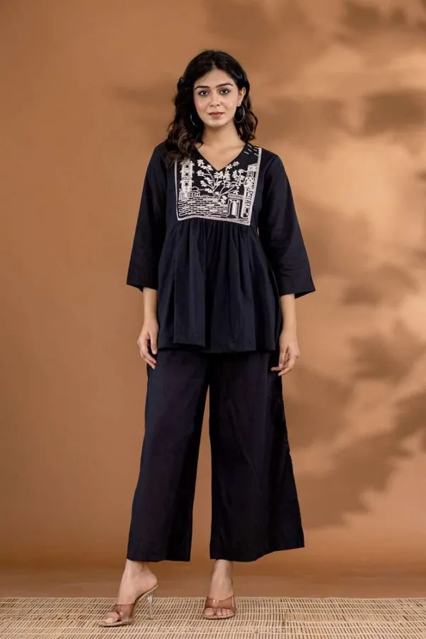 Black_Cotton_Embroidered_Flared_Kurta_With_Pant_Set_For_Women