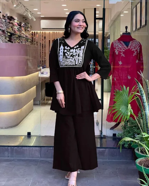 Black_Cotton_Embroidered_Flared_Kurta_With_Pant_Set_For_Women