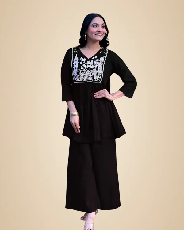 Black_Cotton_Embroidered_Flared_Kurta_With_Pant_Set_For_Women