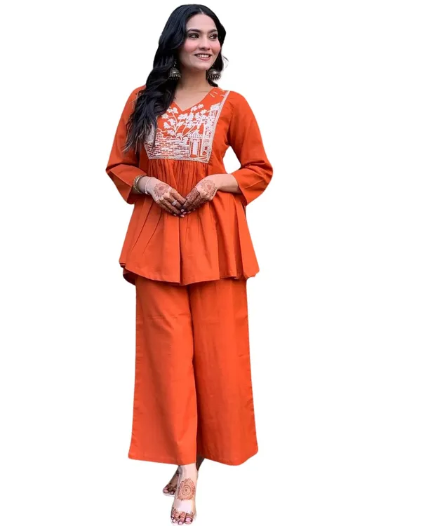 Orange_Cotton_Embroidered_Flared_Kurta_With_Pant_Set_For_Women