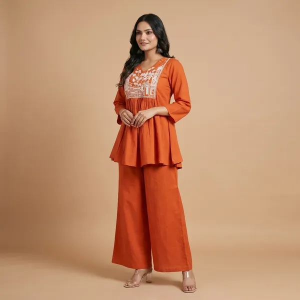 Orange_Cotton_Embroidered_Flared_Kurta_With_Pant_Set_For_Women