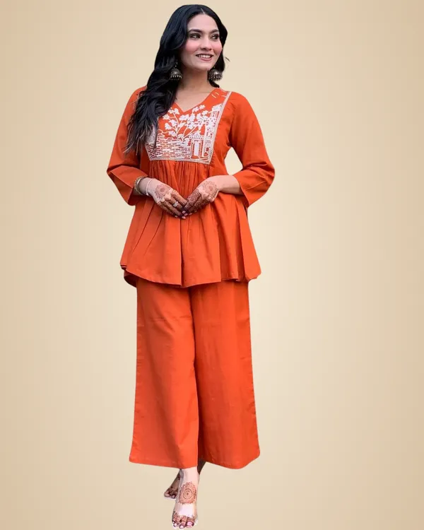 Orange_Cotton_Embroidered_Flared_Kurta_With_Pant_Set_For_Women