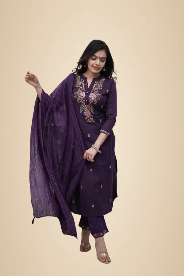 Purple_Cotton_Embroidery_Work_Straight_Kurti_With_Pant_&_Mulmul_Dupatta_Set_For_Women