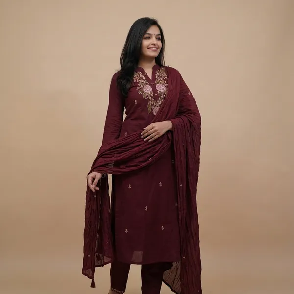Maroon_Cotton_Embroidery_Work_Straight_Kurti_With_Pant_&_Mulmul_Dupatta_Set_For_Women