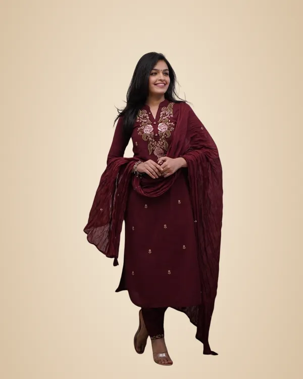Maroon_Cotton_Embroidery_Work_Straight_Kurti_With_Pant_&_Mulmul_Dupatta_Set_For_Women