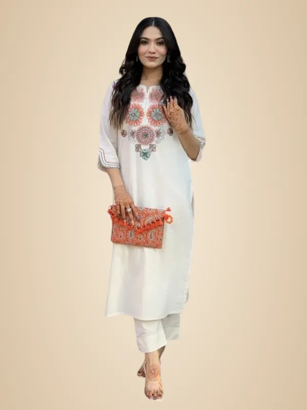 White_Pure_Cotton_Embroidery_Floral_Printed_Straight_Coord_Set_Kurti_With_Pant_For_Women