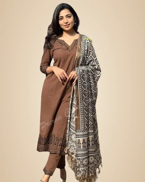 Brown_Women_Pure_Cotton_Embroidery_Straight_Kurti_With_Pant_&_Dupatta_Set_For_Women