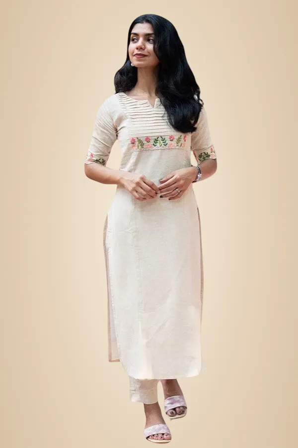White_Cotton_Floral_Printed_Straight_Kurti_With_Palazzo_For_Women