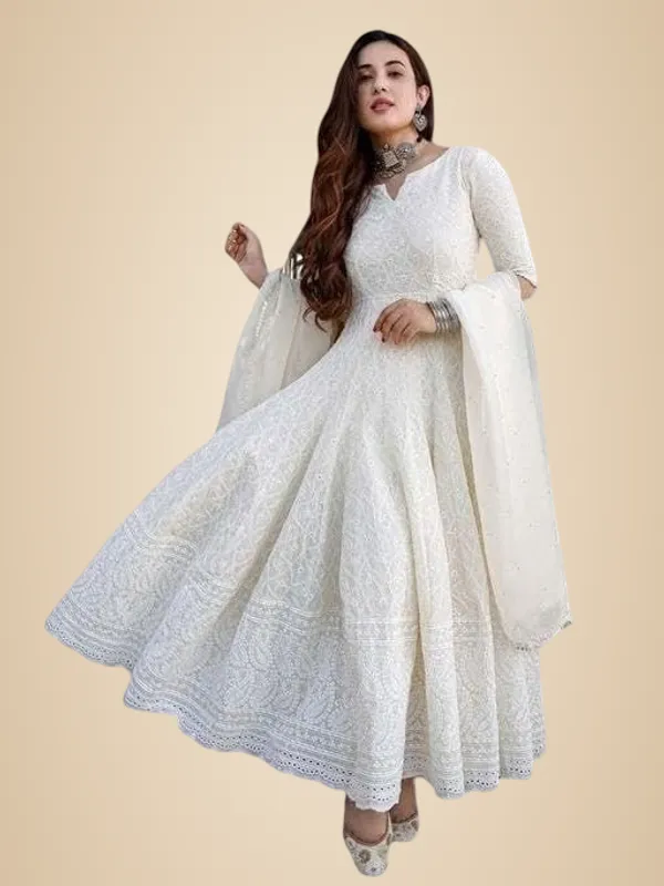 White_Cotton_Chikankari_Long_Anarkali_Kurti_With_Dupatta_For_Women