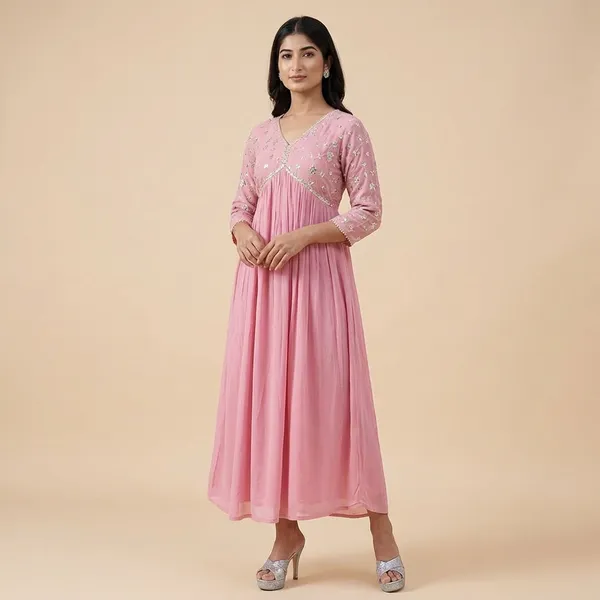 Pink_Rayon_Embroidery_Work_Georgette_Fit_&_Flare_Dress_For_Women