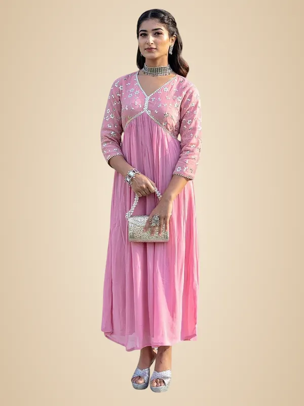 Pink_Rayon_Embroidery_Work_Georgette_Fit_&_Flare_Dress_For_Women