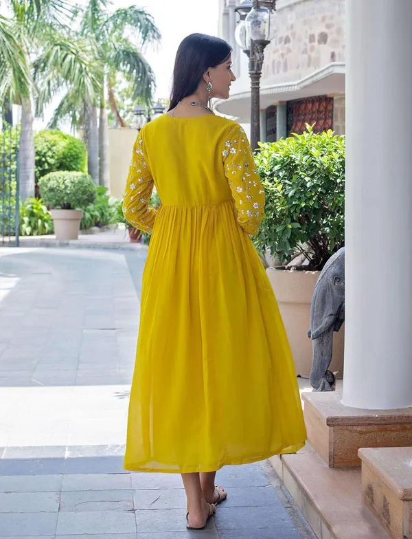 Yellow_Rayon_Embroidery_Work_Georgette_Fit_&_Flare_Dress_For_Women