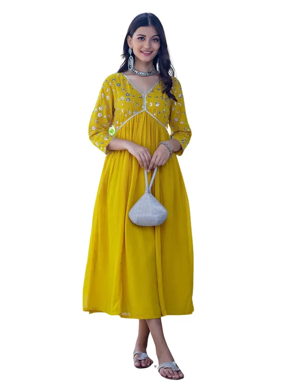 Yellow_Rayon_Embroidery_Work_Georgette_Fit_&_Flare_Dress_For_Women