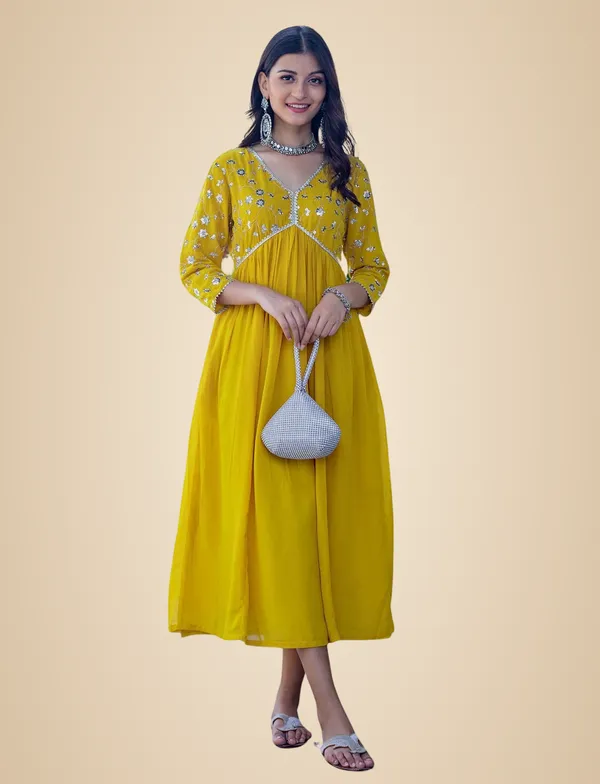 Yellow_Rayon_Embroidery_Work_Georgette_Fit_&_Flare_Dress_For_Women